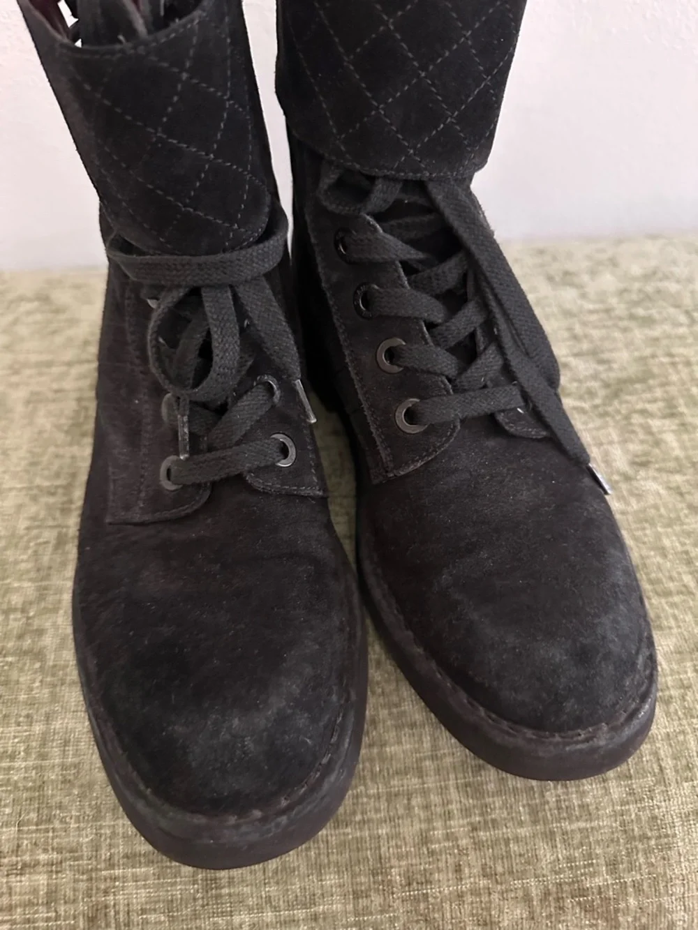 CHANEL Quilted Black Suede Lace Up Combat Flat Moto Short Boots Shoes size 37.5